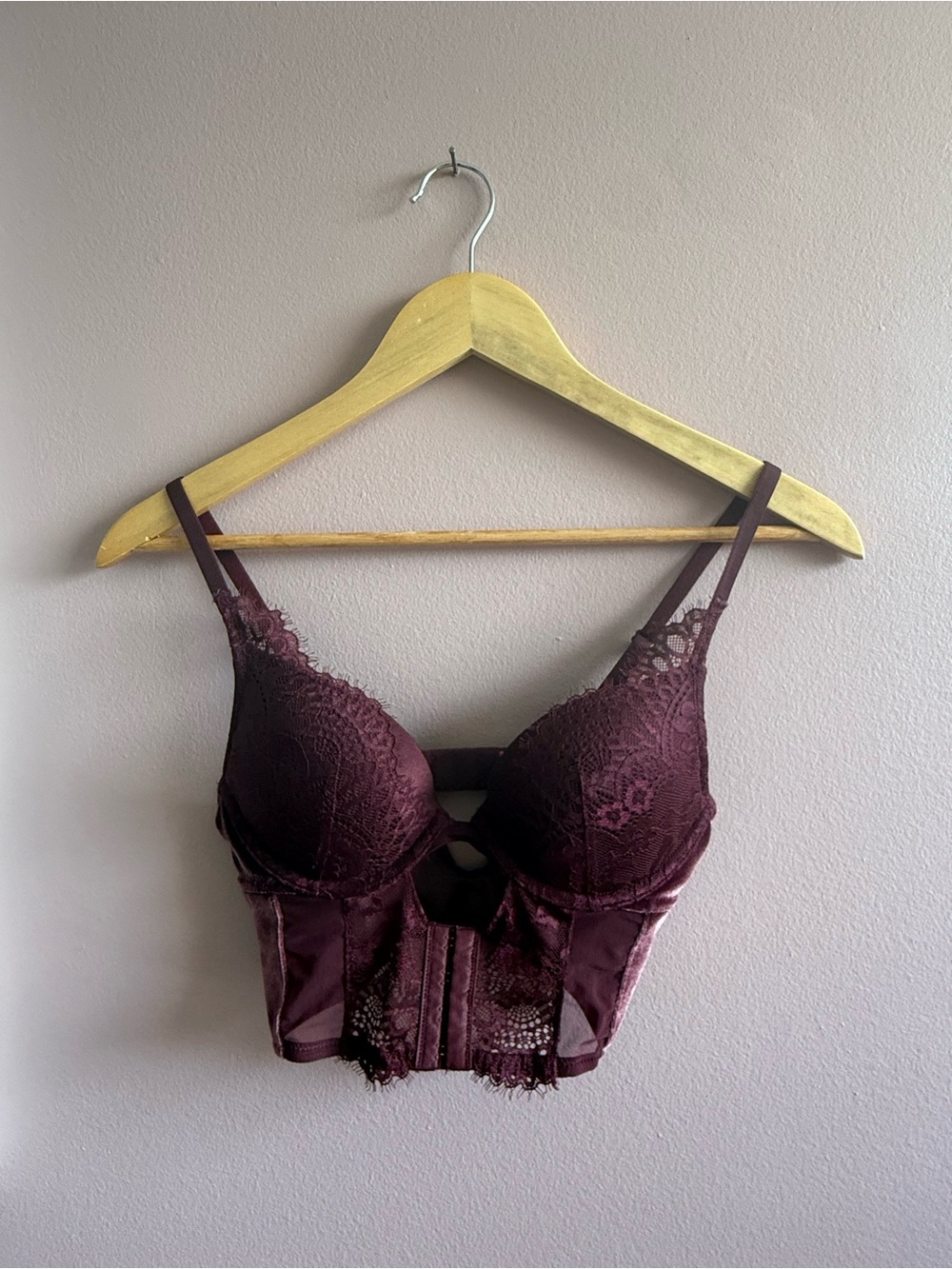 La SENZA Burgundy Velvet & Lace Longline Plunge Bralette